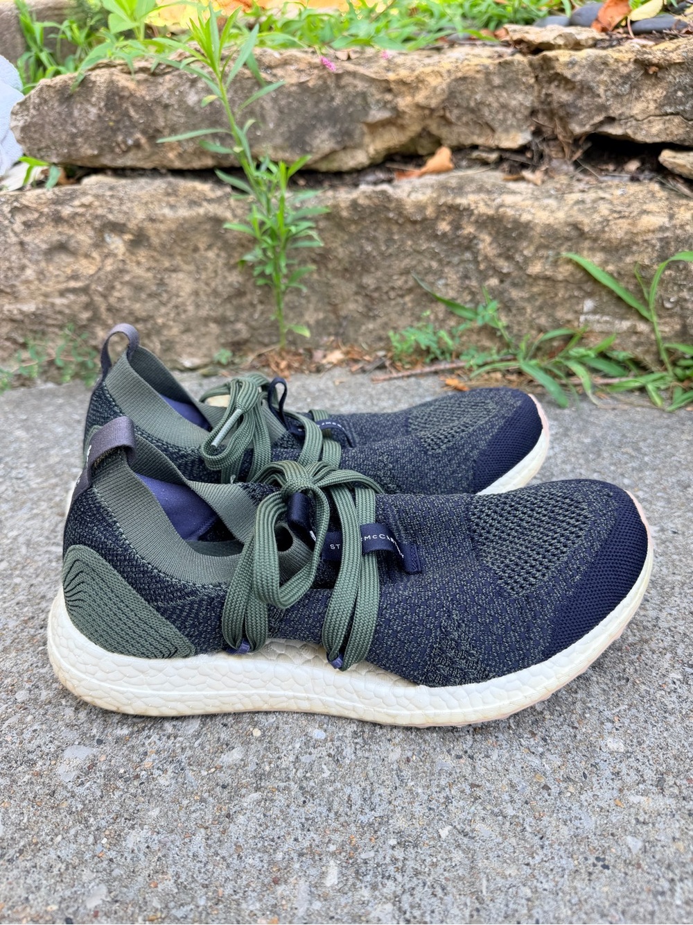 Adidas by Stella McCartney Black and Olive Green Knit Athletic Sneakers